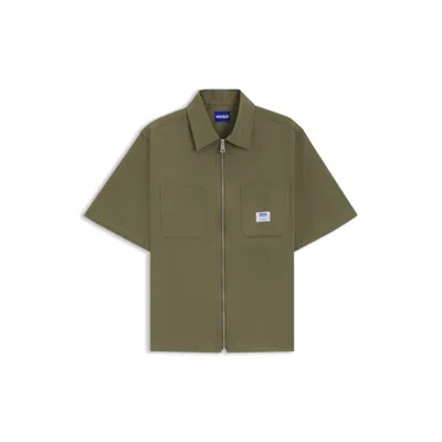 Hugo Boss Oversize Fit Shirt With Zip-up Front In Green