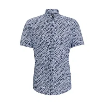 Hugo Boss P-roan-ken Slim Fit Short Sleeve Shirt In Dark Blue Stretch Jersey 50514713 410