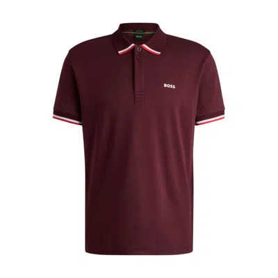 Hugo Boss Paddy Knit Polo Shirt In Cotton With Striped Trims In Red