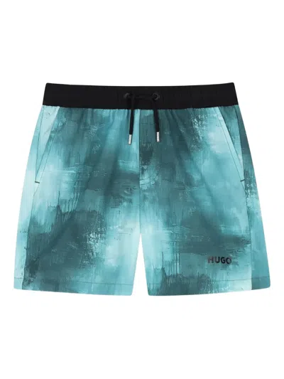 Hugo Boss Kids' Painterly-print Swim Shorts In Blue