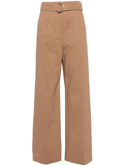 Hugo Boss Belted Linen-blend Trousers In Brown