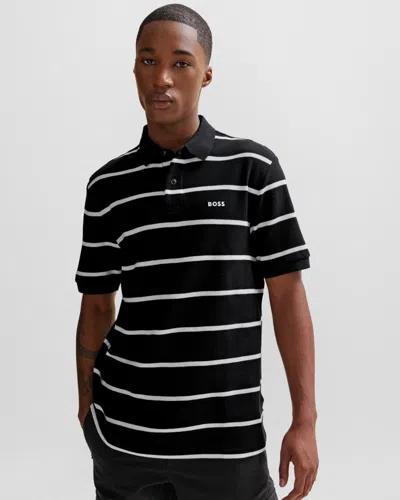 Hugo Boss Pales Stripe Mens Relaxed-fit Cotton Piqué Polo Shirt With Horizontal Stripes In Black