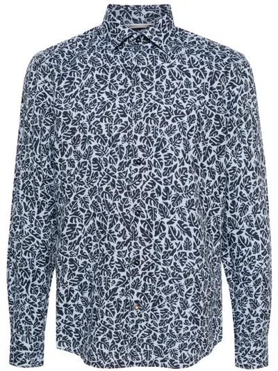 Hugo Boss Palm-print Linen-blend Shirt In Blue