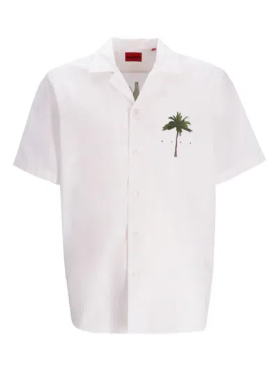 Hugo Boss Palm Tree-print Short-sleeve Shirt In White