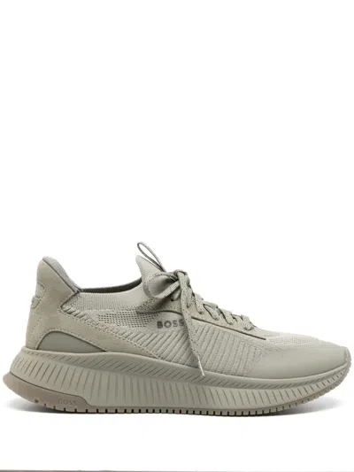 Hugo Boss Panelled Knitted Sneakers In Green