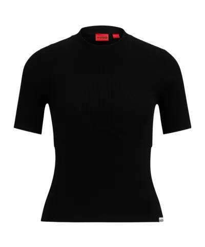 Hugo Boss Slim-fit Short-sleeved Sweater With Seam Detail In Black