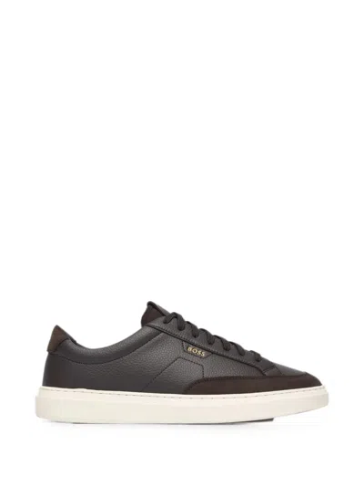 Hugo Boss Dark Brown Textured Leather Sneakers In Black