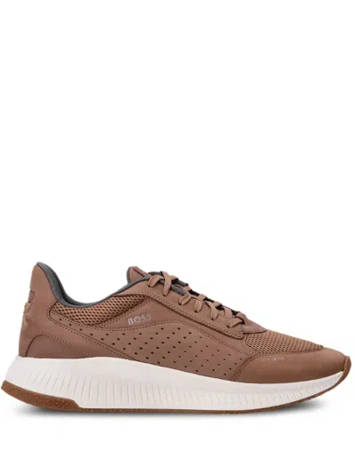 Hugo Boss Panelled Leather Sneakers In Brown