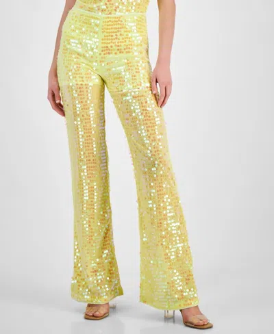 Hugo Boss Pants Women's Shimmer Sparkling Sequin Mid-rise Fts1072 In Yellow