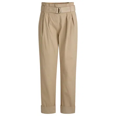 Hugo Boss Paperbag Trousers In Stretch-cotton Twill In Beige