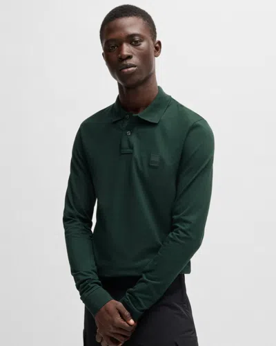 Hugo Boss Passerby Mens Long Sleeve Stretch-cotton Polo Shirt With Logo Patch In Green