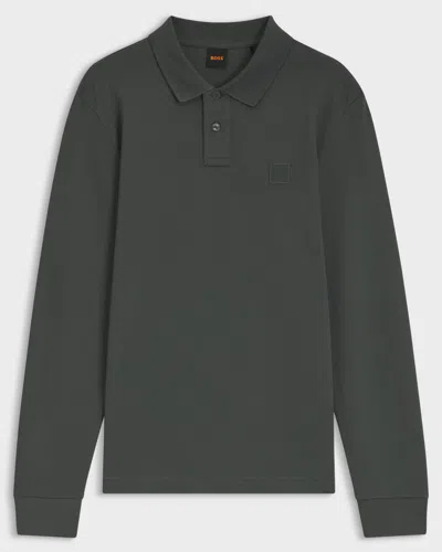 Hugo Boss Passerby Mens Long Sleeve Stretch-cotton Polo Shirt With Logo Patch In Open Green 377