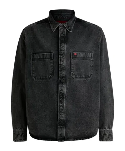 Hugo Boss Patch Pockets Oversized Denim Shirt In Black