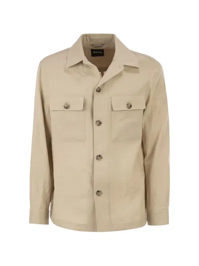 Hugo Boss Boss Linen Shirt Jacket With Patch Pockets In Neutral