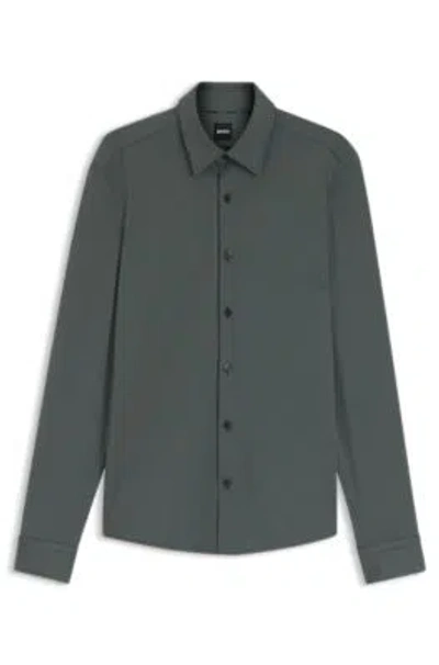 Hugo Boss Patterned Slim-fit Shirt In Performance-stretch Jersey In Green