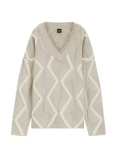 Hugo Boss Patterned V-neck Sweater In Gray