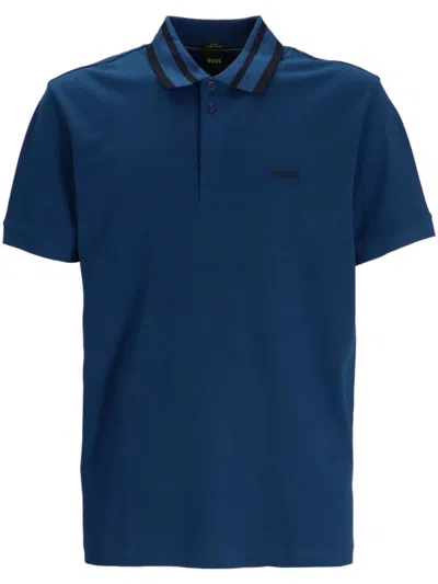 Hugo Boss Stretch-cotton Slim-fit Polo Shirt With Branding And Stripes In Blue