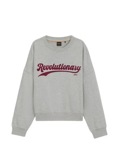 Hugo Boss Peached-cotton Sweatshirt With Chest Artwork In Gray