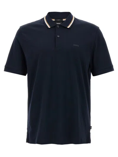 Hugo Boss Slim-fit Polo Shirt In Cotton With Striped Collar In Blue