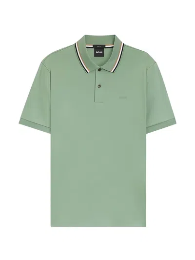 Hugo Boss Striped-collar Slim-fit Polo Shirt In Cotton With Logo In Green
