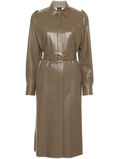 Hugo Boss Perforated Belted Shirt Dress In Brown