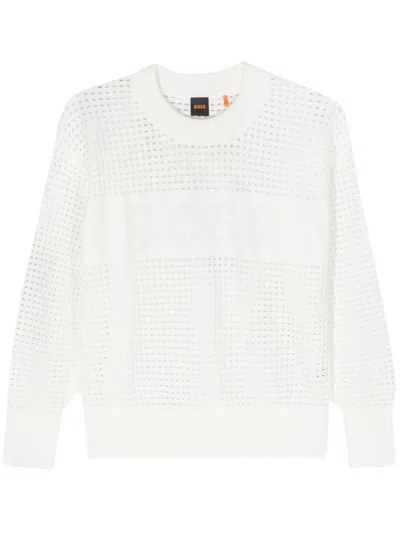 Hugo Boss Perforated-logo Open-knit Jumper In White