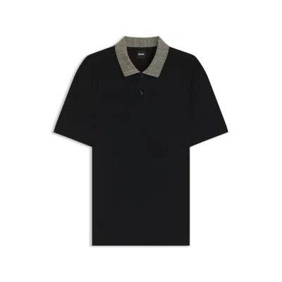 Hugo Boss Pima-cotton Polo Shirt With Patterned Collar In Black