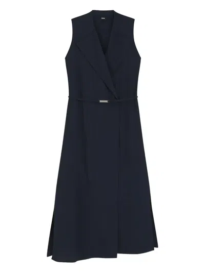 Hugo Boss Pinstripe Belted Midi Dress In Blue