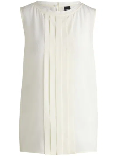 Hugo Boss Pleat-front Sleeveless Blouse In Washed Silk In White