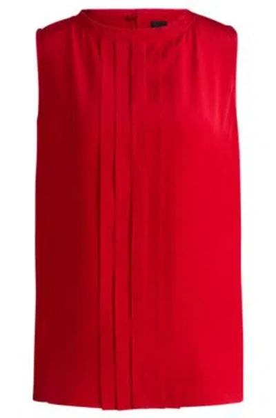 Hugo Boss Pleat-front Sleeveless Blouse In Washed Silk In Red