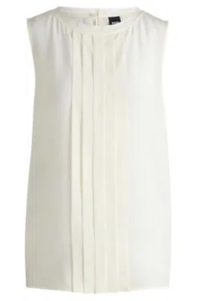 Hugo Boss Pleat-front Sleeveless Blouse In Washed Silk In White