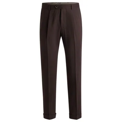 Hugo Boss Pleat-front Trousers In Linen And Wool In Brown