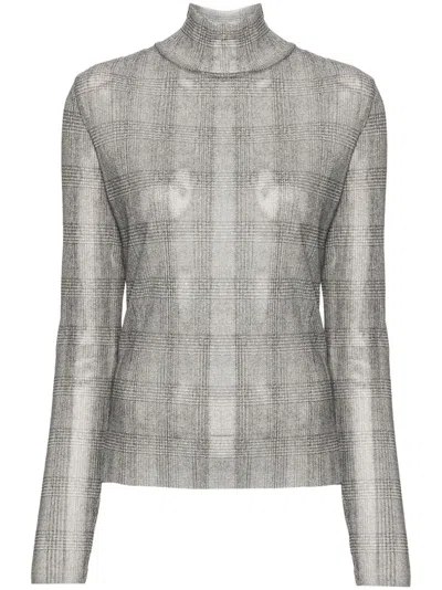 Hugo Boss Plissé-details Checked T-shirt In Grey