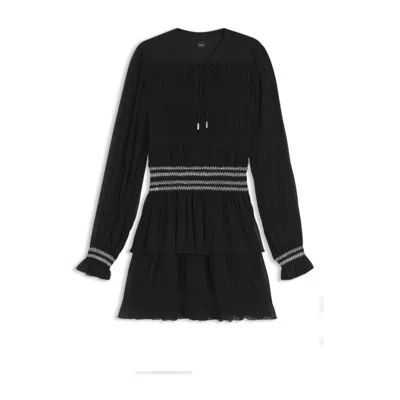 Hugo Boss Plissé Dress With Smock-stitched Waistband In Black