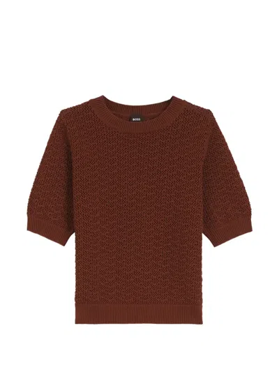 Hugo Boss Pointelle-knit Short-sleeve Sweater In Brown