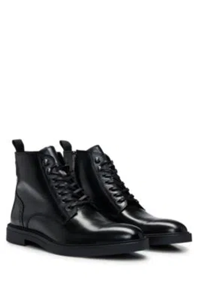 Hugo Boss Polished-leather Half Boots With Brogue Details In Black
