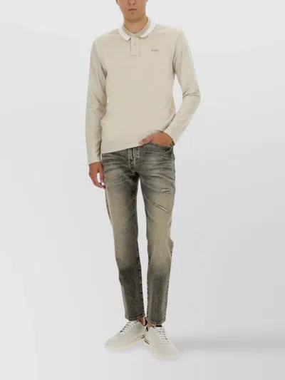 Hugo Boss Polo Shirt With Long Sleeves And Collar In Neutral