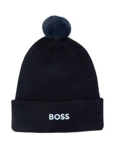 Hugo Boss Kids' Pom-pom Embellished Beanie In Blue