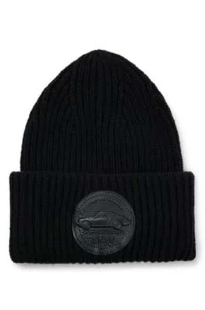 Hugo Boss Porsche X Boss Chunky-rib Beanie Hat With Special Branding In Black