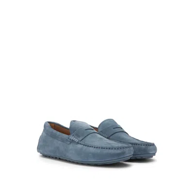 Hugo Boss Portuguese-crafted Moccasin Loafers In Suede With Penny Trim In Blue