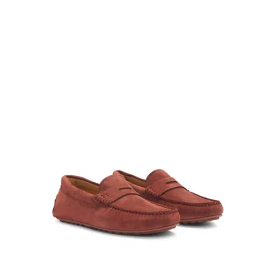 Hugo Boss Portuguese-crafted Moccasin Loafers In Suede With Penny Trim In Brown