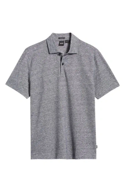 Hugo Boss Boss Press Slub Linen Blend Piqué Polo In Dark Blue
