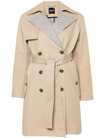 Hugo Boss Prince Of Wales Check Trench Coat In Neturals