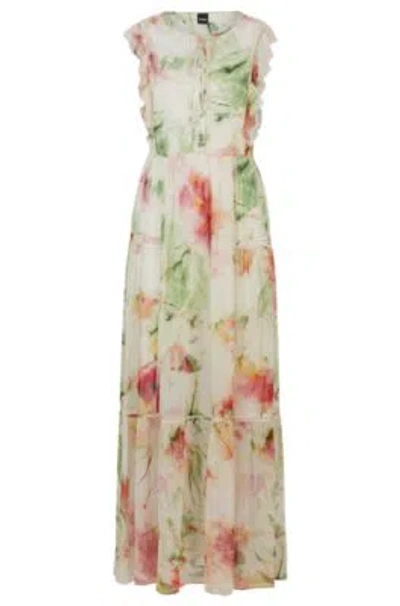 Hugo Boss Printed Dress In Crinkle Crepe With Lace Details In Neutral