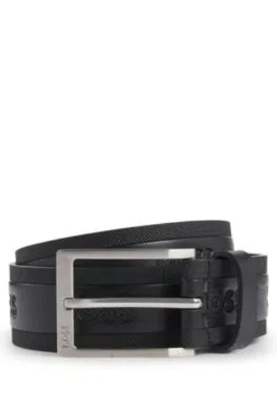 Hugo Boss Printed Italian-leather Belt With Logo Debossing In Black