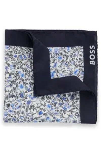 Hugo Boss Printed Pocket Square With Branded Border And Logo In Blue