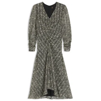 Hugo Boss Printed-seersucker Midi Dress With Gathered Details In Gray
