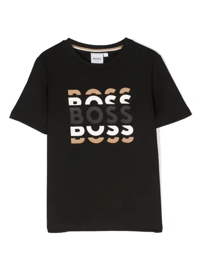 Hugo Boss Kids' Rubberized Logo Cotton Jersey T-shirt In Nero