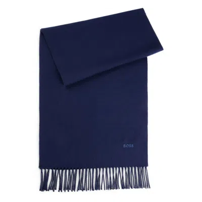 Hugo Boss Pure-wool Scarf With Embroidered Logo And Fringing In Dark Blue