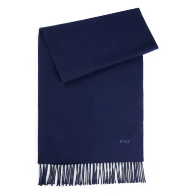 Hugo Boss Pure-wool Scarf With Embroidered Logo And Fringing In Blue